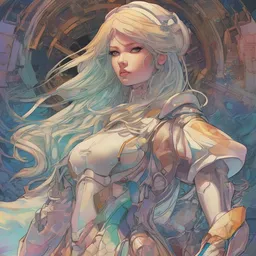 highly detailed ayami kojima artgerm terada katsuya artstation manga poster of princess mechine, rainbow gradient reflection, long hair, armor, dress, laces, ruffles, 8 k, maximalist,, jump comics, tomer hanuka, alphonse mucha