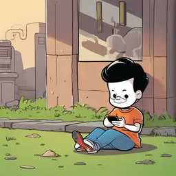 a cartoon character sitting on the ground with a cell phone in his hand