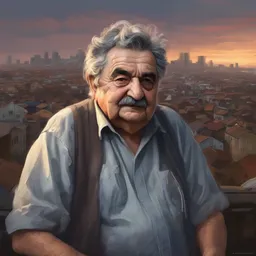 a classical portrait of a young jose mujica, dramatic light, city background, sunset, high detail, sharp, painted by greg rutkowski, painted by igor kieryluk, painted by bobby chiu, digital art, trending on artstation