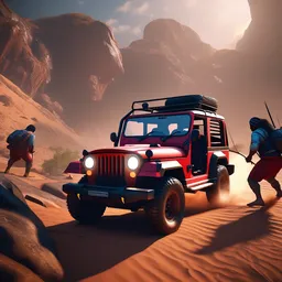 Mahindra thar, tribe members attacking, action scene, an epic fantasy, dramatic lighting, cinematic, establishing shot, extremely high detail, photorealistic, cinematic lighting, Maxwell Boas Jessica Rossier Christian Dimitrov Anton Fadeev trending on Artstation CGSociety rendered in Unreal Engine 4k HQ