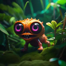 of the dark jungle with large cute strange friendly creatures with big eyes, mouth and teeth appearing from the bushes, in the style of Gehry, macro lens, shallow depth of field, highly detailed, digital painting, trending artstation, concept art, illustration, cinematic lighting, vibrant colors, photorealism, epic, octane render