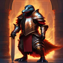 a platypus in royal knights armor, dark thick smokey red fire, intricate, elegant, highly detailed, centered, digital painting, artstation, concept art, smooth, sharp focus, illustration