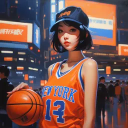 A ultradetailed beautiful panting of a stylish anime girl, she is wearing a New York Knicks basketball jersey, Oil painting, by Ilya Kuvshinov, Greg Rutkowski and Makoto Shinkai