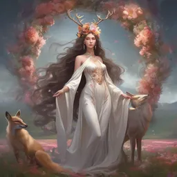 A beautiful fantasy empress, full body, just one head, flower tiara, long hair, wearing dramatic aristocrat robe, delicate figure, field of fantasy flowers, foxes and deer, epic composition, ultra wide-shot, dynamic pose, concept art, dramatic lighting, digital painting, smooth, character design, sharp focus, elegant, intricate, trending on artstation, by WLOP and James Jean and Victo Ngai