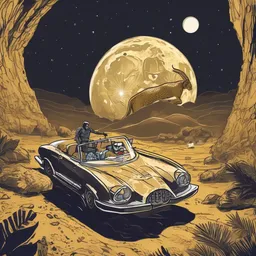 A superhero is diving on a cheetah in a secret cave under the full moon while driving a golden car.