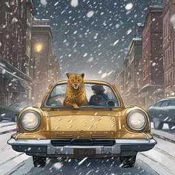 A vampire is diving on a cheetah in a bustling city amidst falling snowflakes while driving a golden car.
