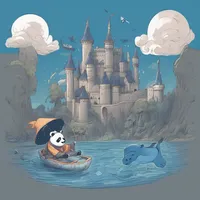 A wizard is swimming on a panda in a mysterious castle in the morning while flying a blue spaceship.