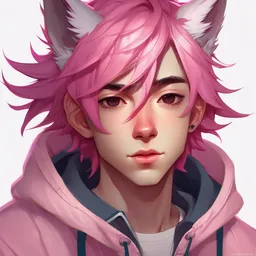 character concept art of an cute anime boy with pink hair and wolf ears | | cute - fine - face, pretty face, key visual, realistic shaded perfect face, fine details by stanley artgerm lau, wlop, rossdraws, james jean, andrei riabovitchev, marc simonetti, and sakimichan, tranding on artstation