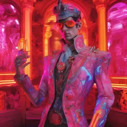 full-body neon porcelain bladerunner and baroque style sculpture of a young flirty handsome Spanish prince as a high-fashion half-robot with a porcelain chest opening exposing a battery leaking radioactive liquid and electric sparks, glowing red laser beam eyes, crown of giant sapphires,  flowing pink and orange neon-colored silk, luminescent fabrics, mechanical raptors. baroque and steampunk elements. full-length view. baroque element. intricate artwork by caravaggio. Very very very very highly detailed 