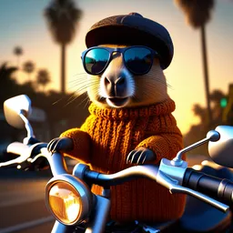 a closeup photorealistic photograph of a knitted cute Capybara wearing stylish sunglasses and dressed in a beanie cap and riding on a motorcycle in Hollywood at sundown. Palm trees in the background. This 4K HD image is Trending on Artstation, featured on Behance, well-rendered, extra crisp, features intricate detail and the style of Unreal Engine.