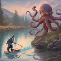 A wizard is hunting on a octopus by a tranquil river in the morning while skating on a hoverboard.
