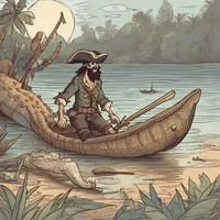 A pirate is diving on a crocodile on a deserted island in the light of a bonfire while rowing a wooden canoe.