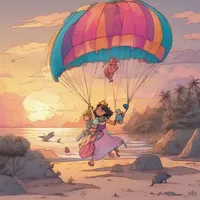 A princess is climbing on a penguin on a deserted island at sunset while paragliding with a colorful parachute.