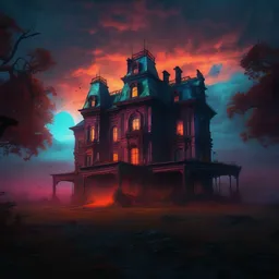 a haunting matte painting of a disturbing dilapidated scary mansion with eerie glowing windows at the edge of world, concept art, illustration, trending on artstation, vibrant colors, 4 k wallpaper