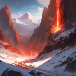 in a coldly mountain, covered with snow, d by a crack begin to erupt incandescent magma, dramatic lighting, dynamic lighting, cinematic lighting, lit by morning light, by makoto makoto, krenz cushart and artgerm, anime, featured on artstation, ultrawide angle