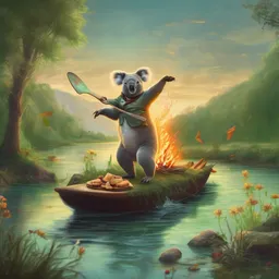 A chef is dancing on a koala by a tranquil river in the light of a bonfire while riding a green horse.