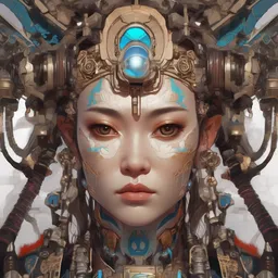 portrait of a machine from horizon zero dawn, machine face, upper half portrait, decorated with chinese opera motifs, asian, bian lian, traditional chinese art, intricate, elegant, highly detailed, symmetry, digital painting, artstation, concept art, smooth, sharp focus, illustration, art by artgerm and greg rutkowski and alphonse mucha, 8 k