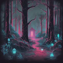 a icon of enchanted forest with a neon style, creating a mysterious mood in a vintage theme, featuring gray color.