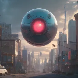 A very beautiful cityscape scene with a GIANT LASER EYEBALL looming in the distance, rendered by simon stålenhag, rendered by Beeple, Makoto Shinkai, syd meade, environment concept, digital art, Gundam style, starwars, unreal engine, 3 point perspective, WLOP, trending on artstation, low level, 4K UHD image, octane render,