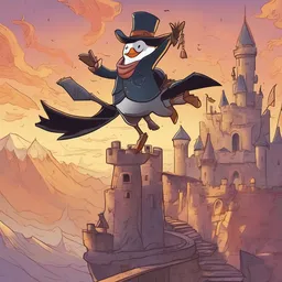 A cowboy is dancing on a penguin in a mysterious castle at dawn while soaring on a magical broomstick.