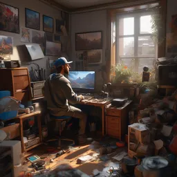 a computer graphics artist man with a ballcap in a messy room at the computer animating, ultra realistic, concept art, intricate details, serious, highly detailed, photorealistic, octane render, 8 k, unreal engine. art by artgerm and greg rutk owski and alphonse mucha