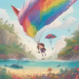 A princess is diving on a humpback whale on a deserted island during a rainbow while paragliding with a colorful parachute.
