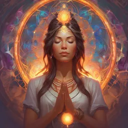 a woman in deep meditation, chakras emiting mystical colored light, intricate, elegant, highly detailed, my rendition, digital painting, artstation, concept art, smooth, sharp focus, radiant light, illustration, art by artgerm and greg rutkowski and alphonse mucha