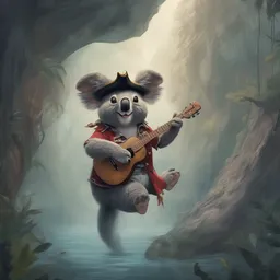 A pirate is singing on a koala in a secret cave on a foggy day while galloping on a mythical unicorn.