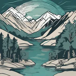 a icon of mountain retreat with a line-art style, creating a serene mood in a vintage theme, featuring teal color.