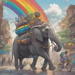 A scientist is climbing on a elephant in a bustling city during a thunderstorm while cycling on a rainbow-colored bicycle.