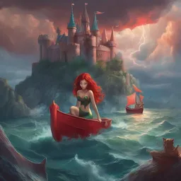 A mermaid is exploring on a lion in a mysterious castle during a thunderstorm while sailing a red boat.