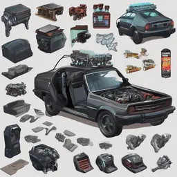 car engine car parts concept art, cards, comic page, realistic fortnite, ui cards