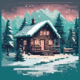 a icon of cozy winter cabin with a pixelated style, creating a mysterious mood in a cyber theme, featuring teal color.