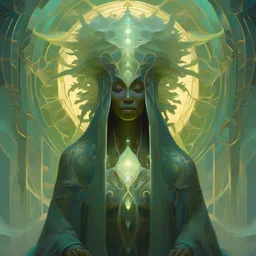 faceless, shaman, cultist, lovecraftian, surreal, shrouded figure, powerful being, plant spirit, fractal entity, spirit guide, light being, pearlescent, shiny, glowing, ascending, beautiful, subtle pattern, trending on artstation, by peter mohrbacher