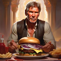 portrait of Harrison Ford eating a giant hamburger , extra onions and ketchup, luscious patty with sesame seeds, feminine ethereal, handsome, D&D, fantasy, intricate, elegant, highly detailed, digital painting, artstation, concept art, matte, sharp focus, illustration, art by Artgerm and Greg Rutkowski and Alphonse Mucha