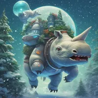 A ghost is roaring on a rhinoceros amidst lush greenery amidst falling snowflakes while flying a blue spaceship.