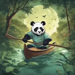 A chef is pouncing on a panda amidst lush greenery under the full moon while rowing a wooden canoe.