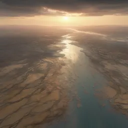 top view of muddy river delta joining sea by hiroshi yoshida, marc simonetti, roger deakins, turner, rothko, hyperrealistic, cinematic, rock plateau, dramatic stormy scene, sunset, matte painting, fluid simulation, trending on artstation, 8 k high detail concept art, rendered in octane