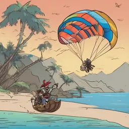 A pirate is pouncing on a zebra on a deserted island at dawn while paragliding with a colorful parachute.