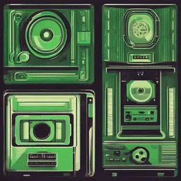 a icon of vintage cinema with a minimalistic style, creating a vibrant mood in a cyber theme, featuring green color.