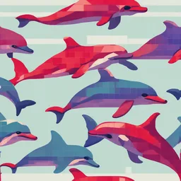 a icon of playful dolphins with a pixelated style, creating a vibrant mood in a cyber theme, featuring red color.