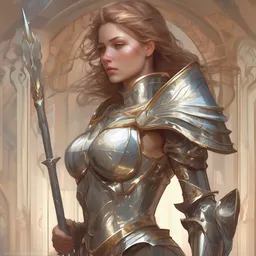 high fantasy female knight design with light armor and spear, elegant, semi realistic,intricate, high detailed, concept art, digital illustration, by alphonse mucha, artgerm, loish