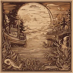 a icon of underwater adventure with a woodcut style, creating a mysterious mood in a fantasy theme, featuring brown color.