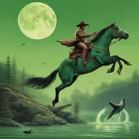A cowboy is pouncing on a humpback whale by a tranquil river under the full moon while riding a green horse.