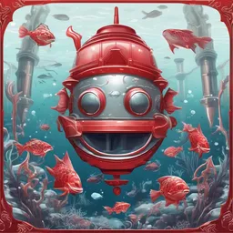 a icon of underwater adventure with a metallic style, creating a elegant mood in a fantasy theme, featuring red color.