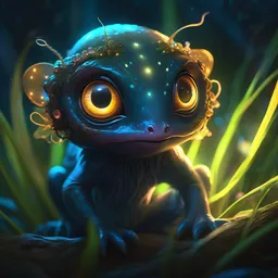 one singular portrait of a cute bioluminescent creature with big glowing eyes, highly detailed, digital painting, cinematic, hyper realism, dark retrowave, art by studio ghibli and artgerm and magali villeneuve and Alphonse Mucha, artstation, octane render, cgsociety