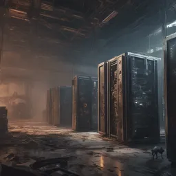 gloomy ruined server room in datacenter painting concept art of robodog colossus, sharp focus, emitting diodes, smoke, artillery, pacing, computers, racks, motherboard, by pascal blanche rutkowski artstation cinematic, dramatic, detailed matte painting, 4 k resolution