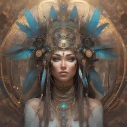 a psytrance painting of an alluring electronic mystical tribal goddess adorned with feathers and gemstones and cables and synthesizer parts is surrounded by sacred geometry made from elven architecture and incense smoke, full body, gorgeous, perfect face, powerful, cinematic, beautifully lit, by artgerm, by karol bak, by viktoria gavrilenko, 3 d, trending on artstation, octane render, 8 k