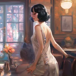 a beautiful dancer with black hair in 1920's fashion, living room background, intricate, highly detailed, digital painting, artstation, official media, anime key visual, concept art, rich vivid colors, ambient lighting, sharp focus, illustration, art by Artgerm, Makoto Shinkai, Ilya Kuvshinov, Lois Van Baarle, and Rossdraws