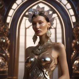 a realistic photoshoot of a beautiful ancient alien woman goddess bella hadid standing in iris van herpen dress jewelery and fractals in style of alphonse mucha art nuvo dmt trending on artstation made in unreal engine 4